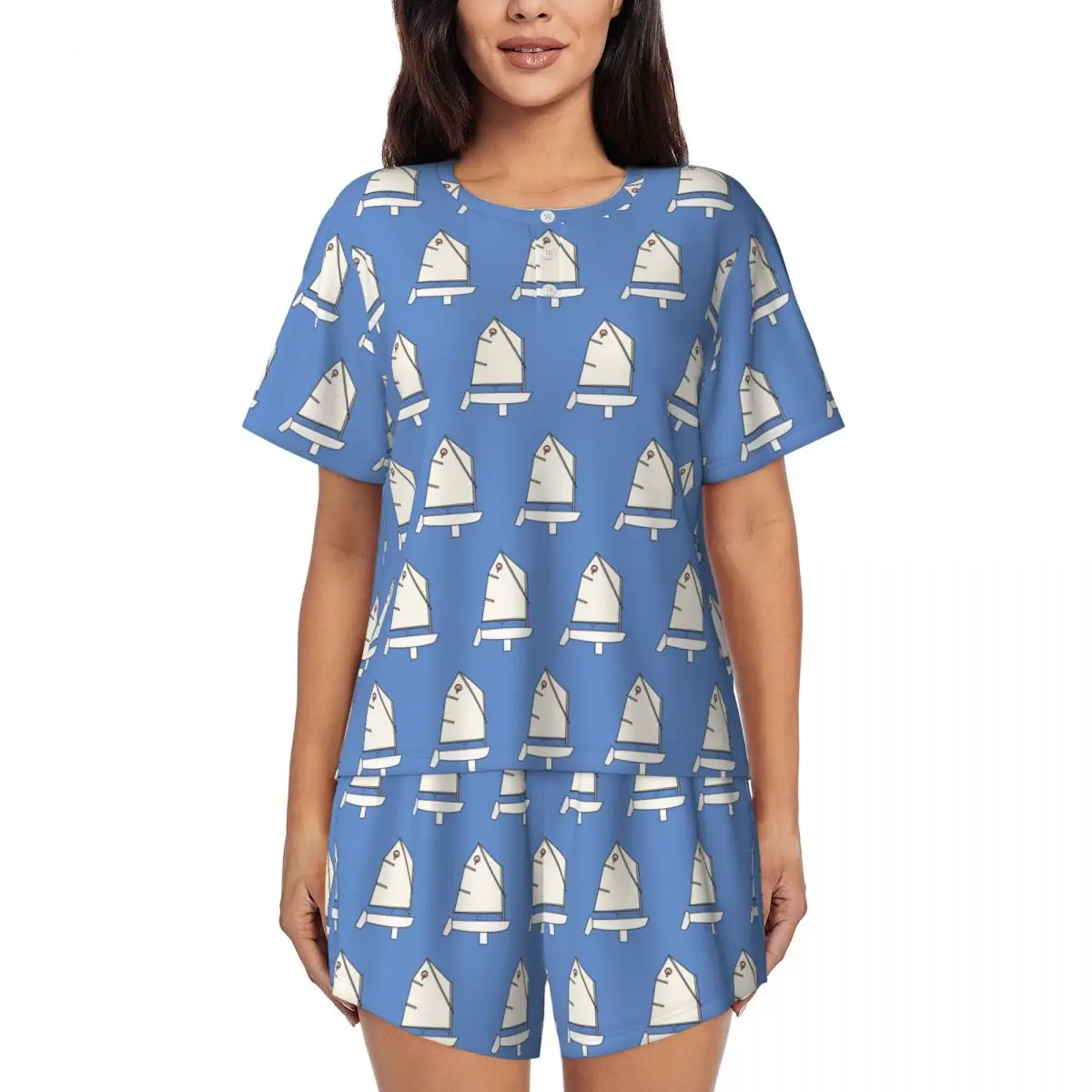 Chemise de nuit Optimist Sailboat à col rond et manches courtes pour femmes, ensemble de pyjama doux avec pantalon court