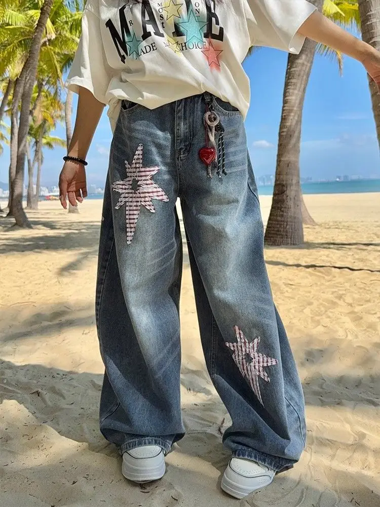 

High Waist Wide Leg Denim Jeans Women's Loose Fit Comfortable Long Pants American Retro Washed Star Patchwork Knife