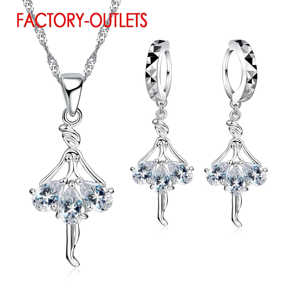 Genuine 925 Sterling Silver Bridal Jewelry Sets Cute Dancing Girl Shape CZ Crystal Women Girls Engagement Anniversary Wholesale