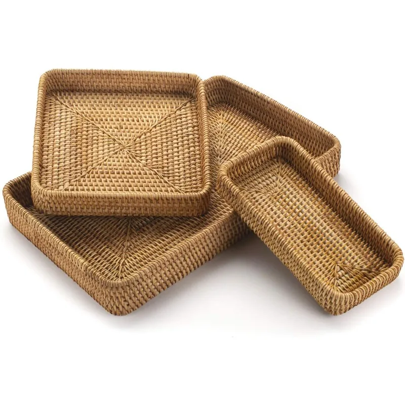 

Rattan Serving Tray, Rectangular Woven Tray, Natural Wicker Decorative Serving Baskets for Organizing Tabletop