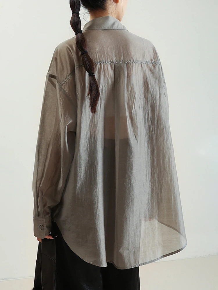 [LANMREM] Perspective Sunscreen Long Sleeve Shirts For Women Lapel Single Breasted Loose Blouses 2024 Summer New 26D9698
