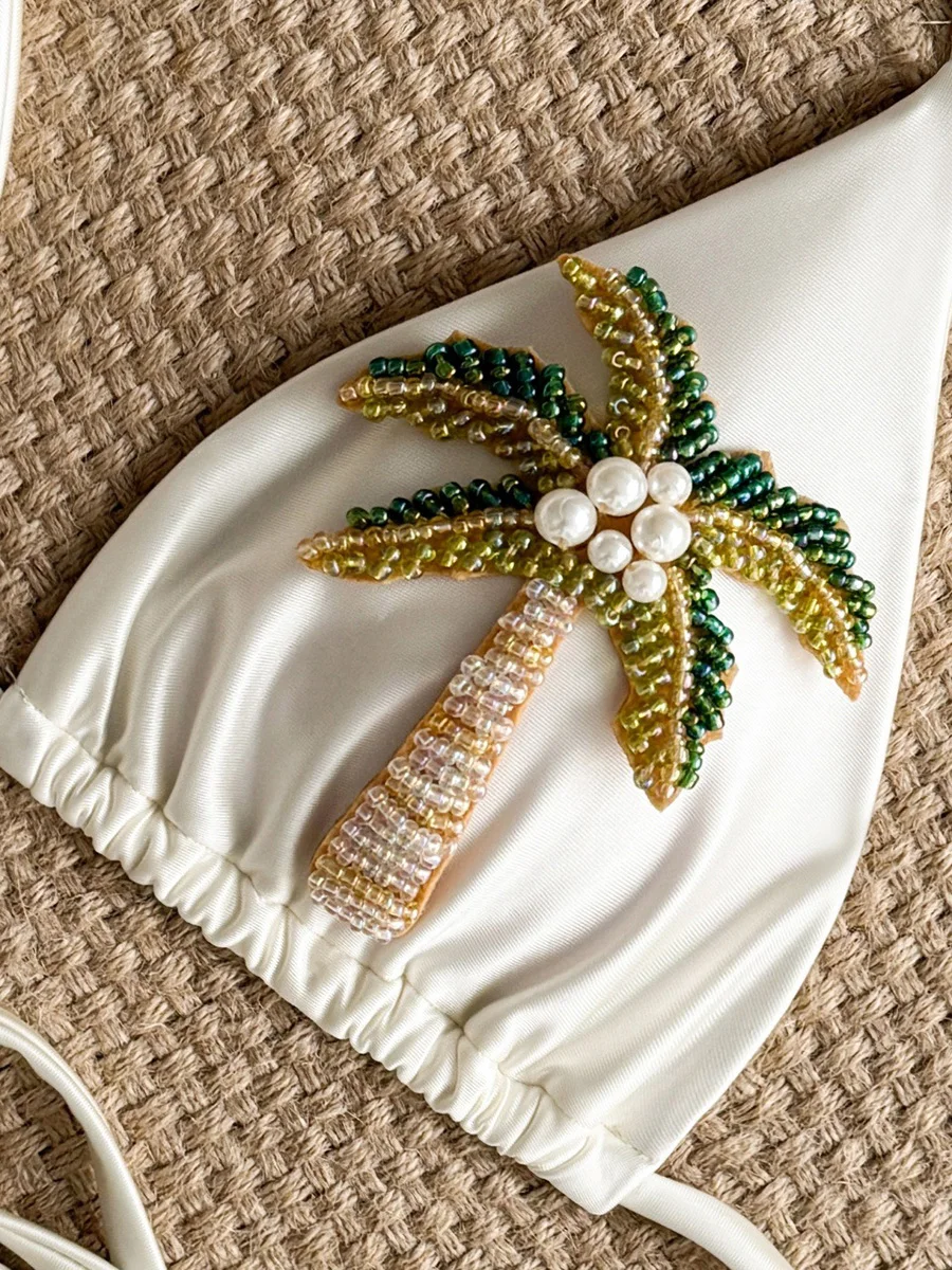 ชุดว่ายน้ำบิกินี่ไมโครมินิลายต้นมะพร้าว 3 มิติ ประดับมุก สำหรับผู้หญิง ชุดว่ายน้ำสองชิ้น