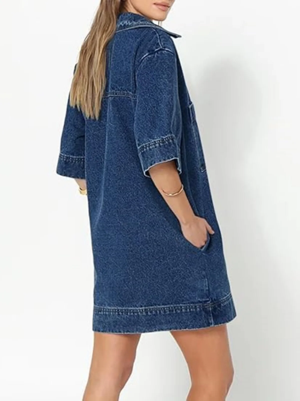 V Neck Pockets Straight Denim Mini Dress Short Sleeve Patchwork Jean Summer Dresses Vintage Casual Streetwear Women Clothing