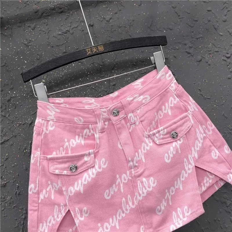 Women\'s Pink Slit A-line Denim Shorts Skirt 2024 Summer New High-waisted Slim Hip Skirt Korean Fashion Clothing