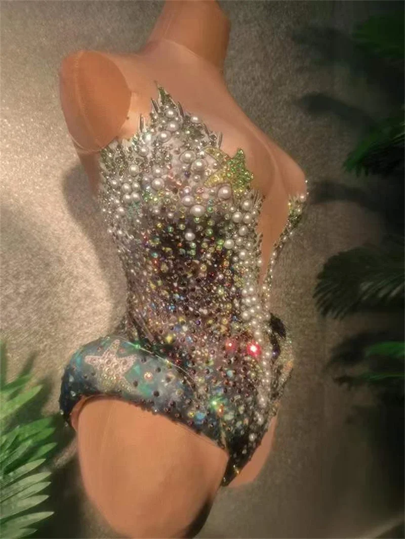 Błyszczące cyrkonie perłowe elastyczne elastanowe body dla kobiet pokaz taneczny kostium bez rękawów wieczorowy strój urodzinowy Drag Queen