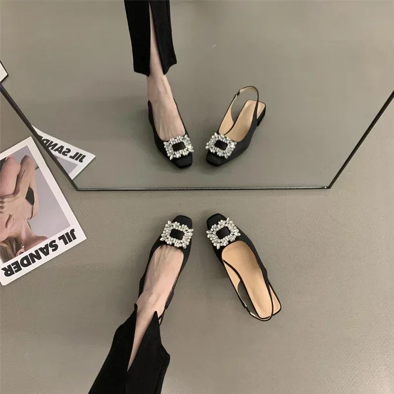 New 2024 Classic Elegant Slingback Sandals Women Rhinestone Buckle Back Strap Flat Ballet Design Shoes Brand Mule Office Mujer