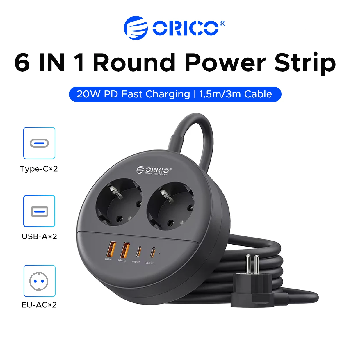 ORICO Round EU Plug Power Strip 2 AC Outlets 2 USB-A 2 USB-C PD 20W Fast Charging Extension Socket Multi Plug Adapter 1.5M/3M Co