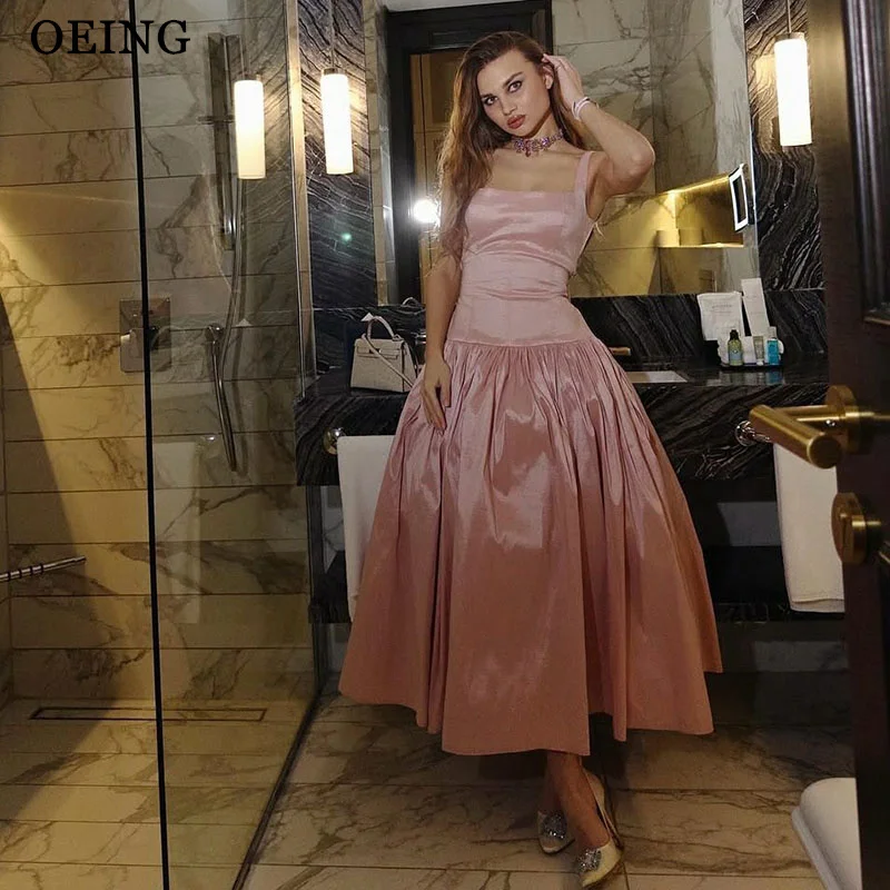 

OEING Simple Pink A-Line Prom Dresses Square Collar Bow Sleeveless Satin Party Gowns Ankle Length Evening Dress Customized