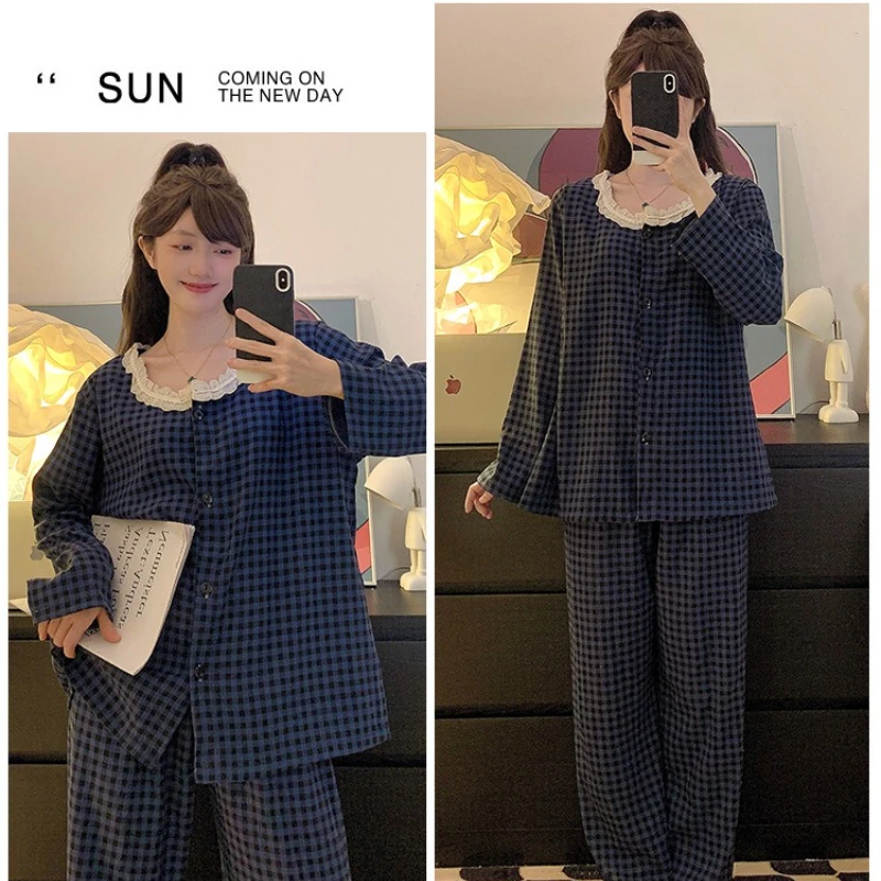 M-5XL Large Size Cloud Cotton Spring Autumn Pajamas Women's Korean Students Ins Plaid Sleepwear Long-sleeved Loose Loungewear 5