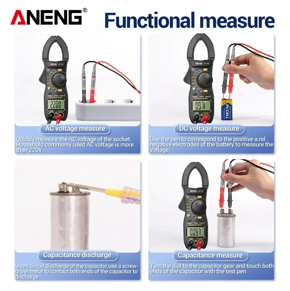 

ANENG ST170 Digital Multimeter Clamp Meter 500A AC Current 1999 Counts AC/DC Voltage Tester Hz Capacitance NCV Ohm Diode tools