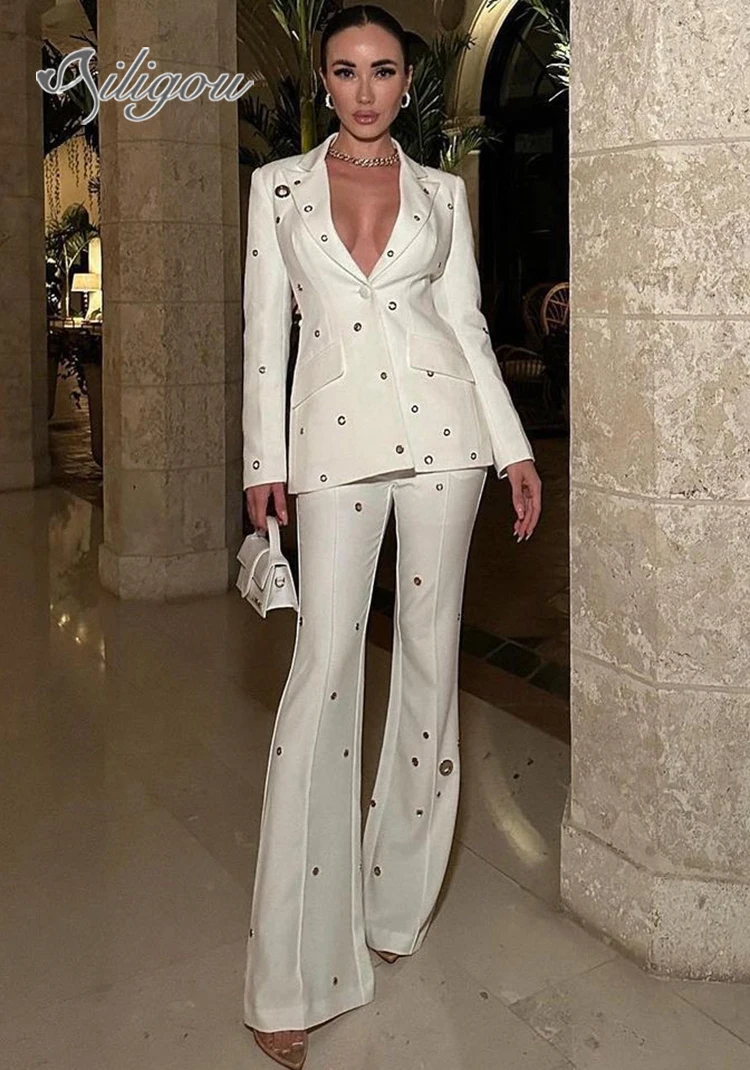 

Ailigou 2023 New Women's Pants Set Hollow out Designer Fashion White Set Single Button Rivet Hole Suit Pants 2 Piece Set