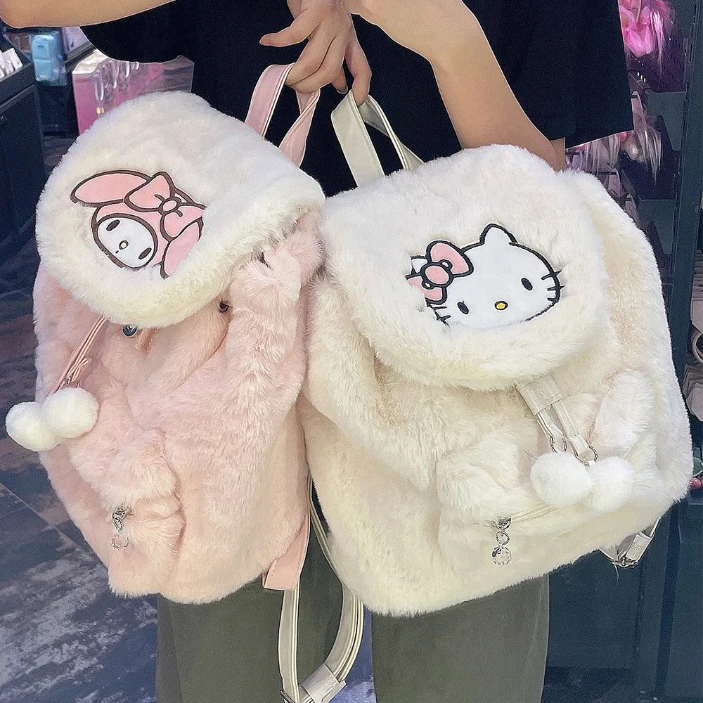 Sanrio Plush School Bag Kawaii Furry Shoulder Bag Simple All-match Handbag Cute Fluffy Satchel Tote Short Trip Backpack For Girl