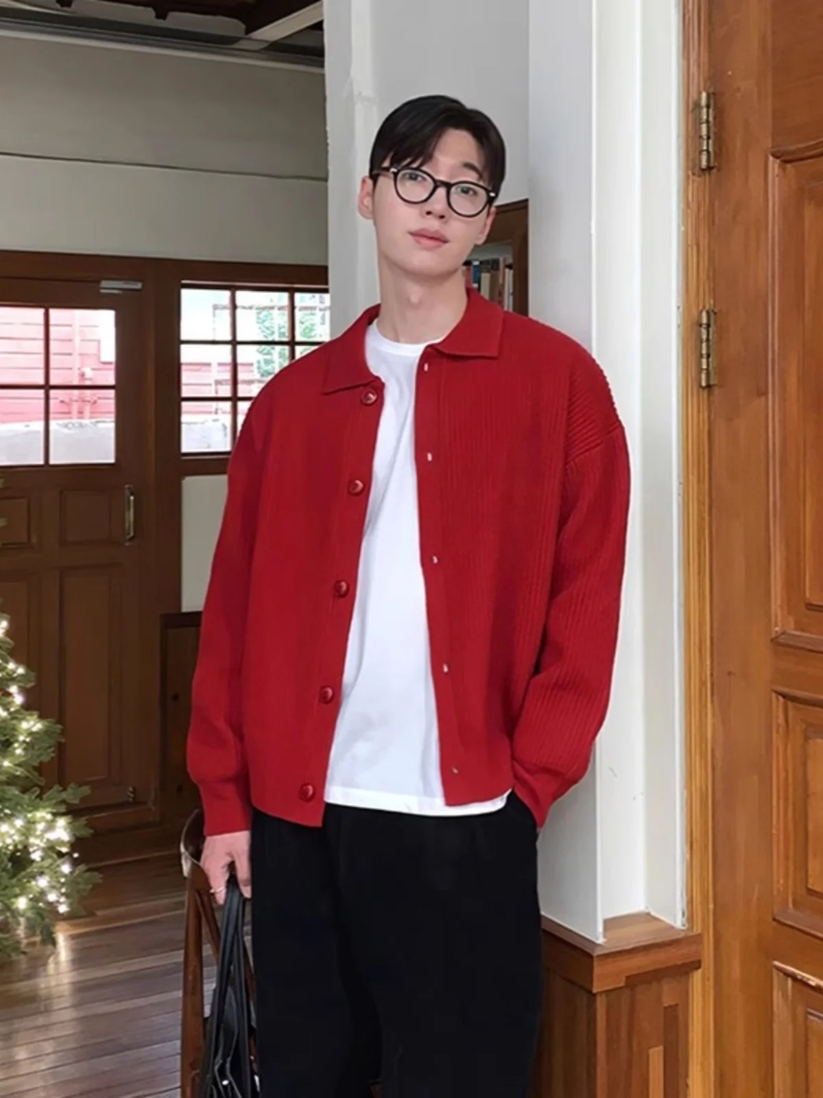 Red Knitted Open Cardigan Men's Autumn Winter Fashion Outerwear Long Sleeve Turn-down Collar Lucky Year Knitwear Urban Style