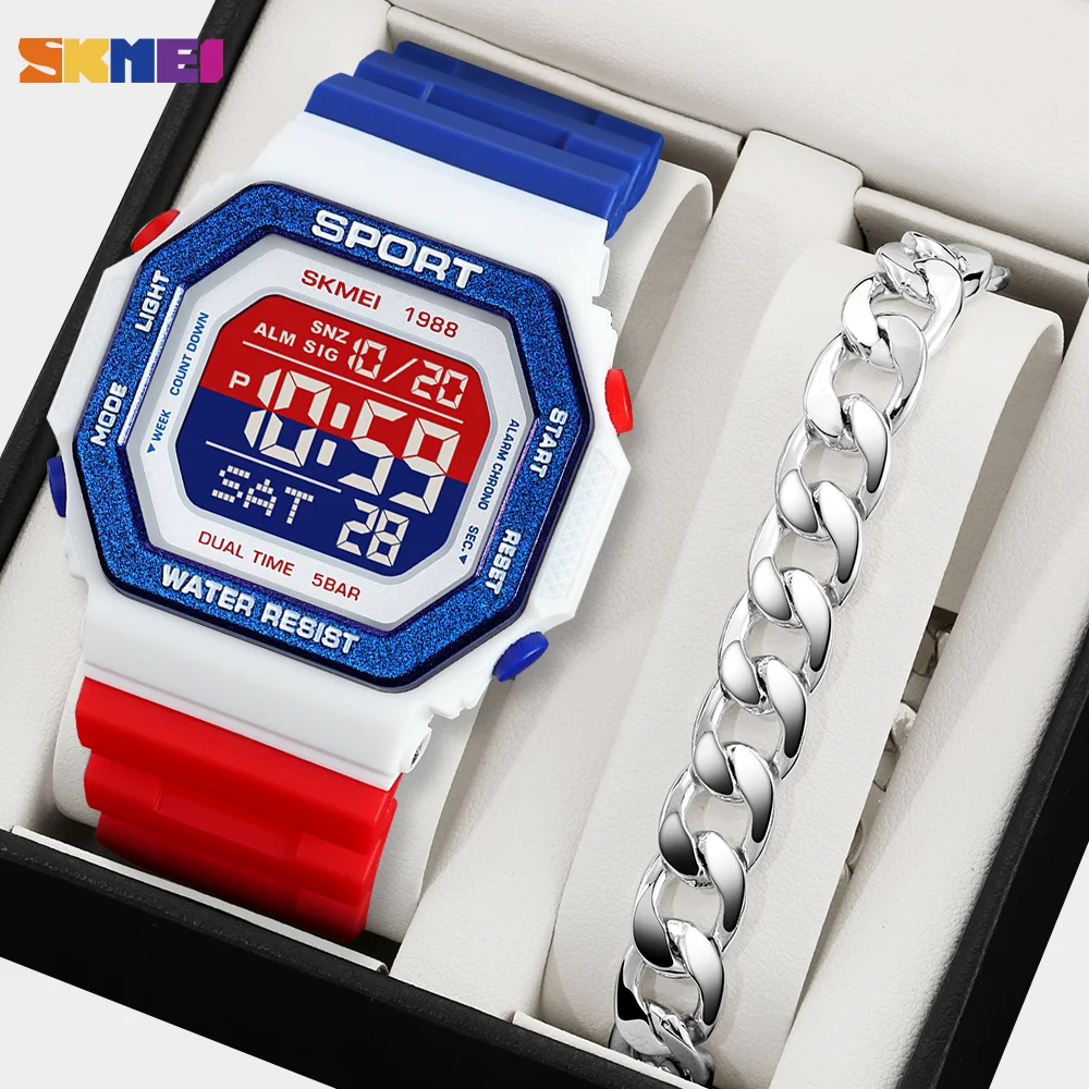 

SKMEI модные спортивные цифровые часы для мужчин и женщин 5 бар водонепроницаемые хронограф с обратным отсчетом военные наручные часы и браслет Reloj Hombre