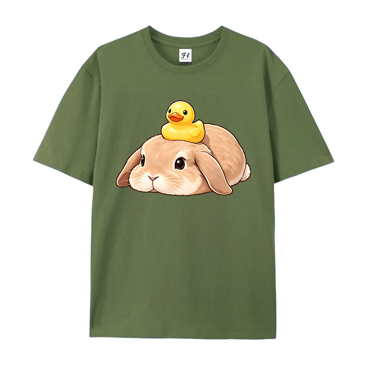 Cute Lop Ear Bunny With Yellow Rubber Duck On Head Graphic T Shirt Unisex Casual Short Sleeve Tee Animal Print Loose Summer Tops