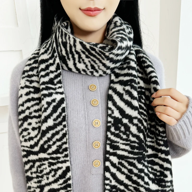 Women's 100% Pure Cashmere Scarf Versatile Zebra Pattern Color Block Warm Neck Shawl Comfortable Autumn New Alashan