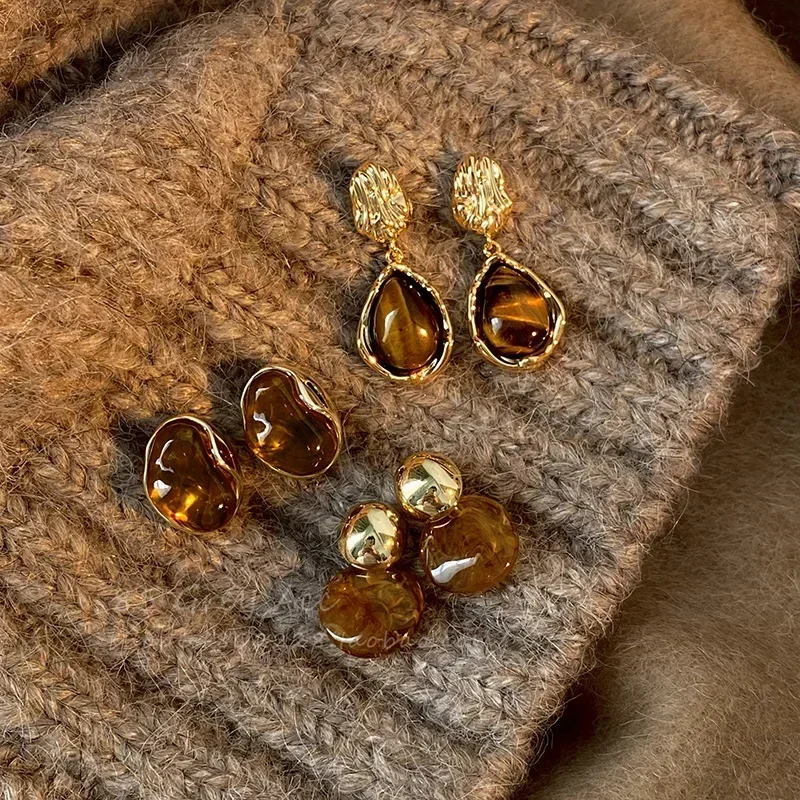 DREJEW Vintage Brown Tiger Eye Stone Earrings for Women Fashion Silver Needle Drop Earring Personality Irregular Jewelry Gifts