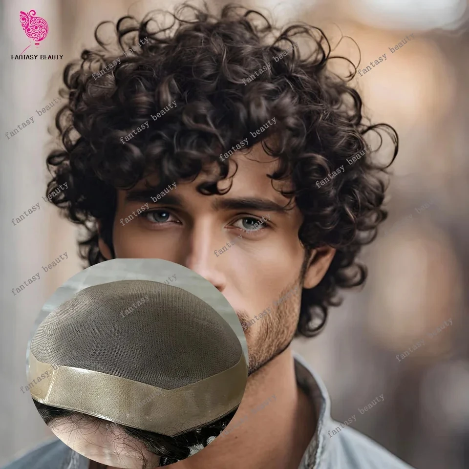 

20mm 24mm Curly Durable Breathable Fine Mono Men's Wig Natural Black Blonde Human Hair Toupee Cheap Male Wigs System Prosthesis