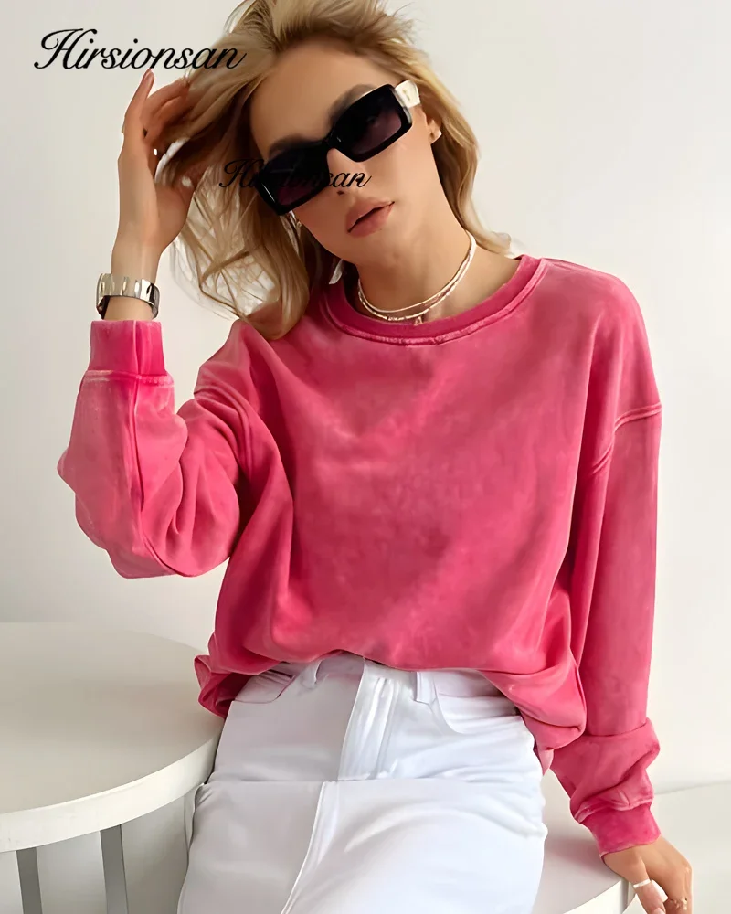 Hirsionsan Retro Washed Long Sleeve Women T Shirt Loose Oversized Streetwear Trendy Pullovers Autumn Female Cotton Couple Tops