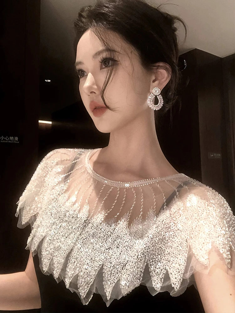 เสื้อผ้าผู้หญิงหรูหราชุดราตรีหรูหรา Retro เซ็กซี่ Sheer Sequins Shawl สลิงยาว Robe หญิง Party Club Prom Vestidos Mujer