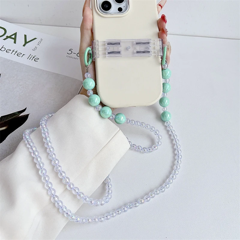 

Universal Crossbody Phone Lanyard Beads Long Neck Chain Straps Anti-lost Rope Phone Case With Patch For IPhone Xiaomi