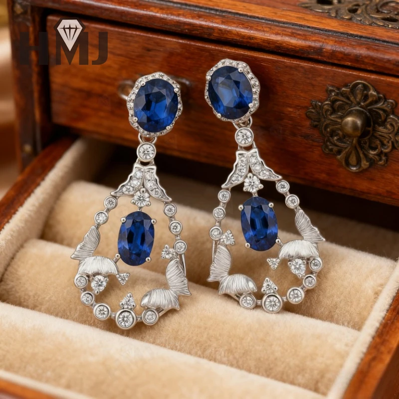 

Custom Earrings Lab Grown Gemstones Ruby Sapphire Oval Shape 925 Silver with Certificate Exaggerated Style Luxury Trendy Charms