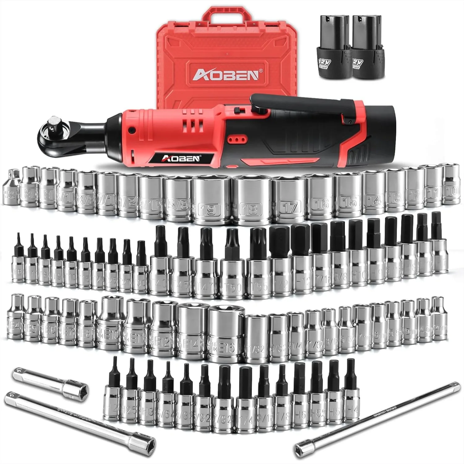 

Cordless Electric Ratchet Wrench with 83pc Impact Sockets Set, 12V Variable Speed, 3/8" to 1/4" Adapter & Extension Bar