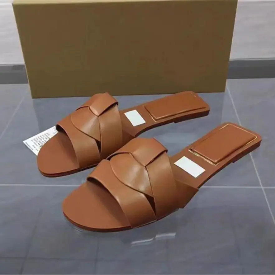 TRAF Woman’s Brown Woven Sandals 2024 Summer Female Leather Flat Slip-on Shoes Beach Slippers Casual Slides Flip Flops Shoes