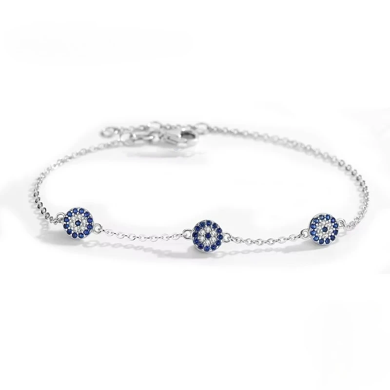 KALETINE Good Luck Evil Eye Bracelets For Women  925 Sterling Silver Couple Bracelet Blue Round Blue CZ Charm Jewelry