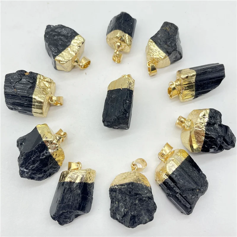 New Natural Gem Stone Black Raw Ore Tourmaline Gilt Irregular Shape Pendant Reiki Healing Energy Jewelry Making Necklace 12pcs