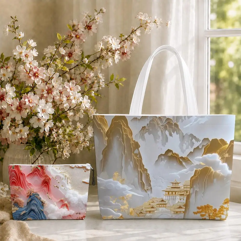 Dreamy Mountain Storage Bags 2-Piece Set Double-Sided Printed Canvas Tote Bags with Zipper Shopping Shoulder Handbags