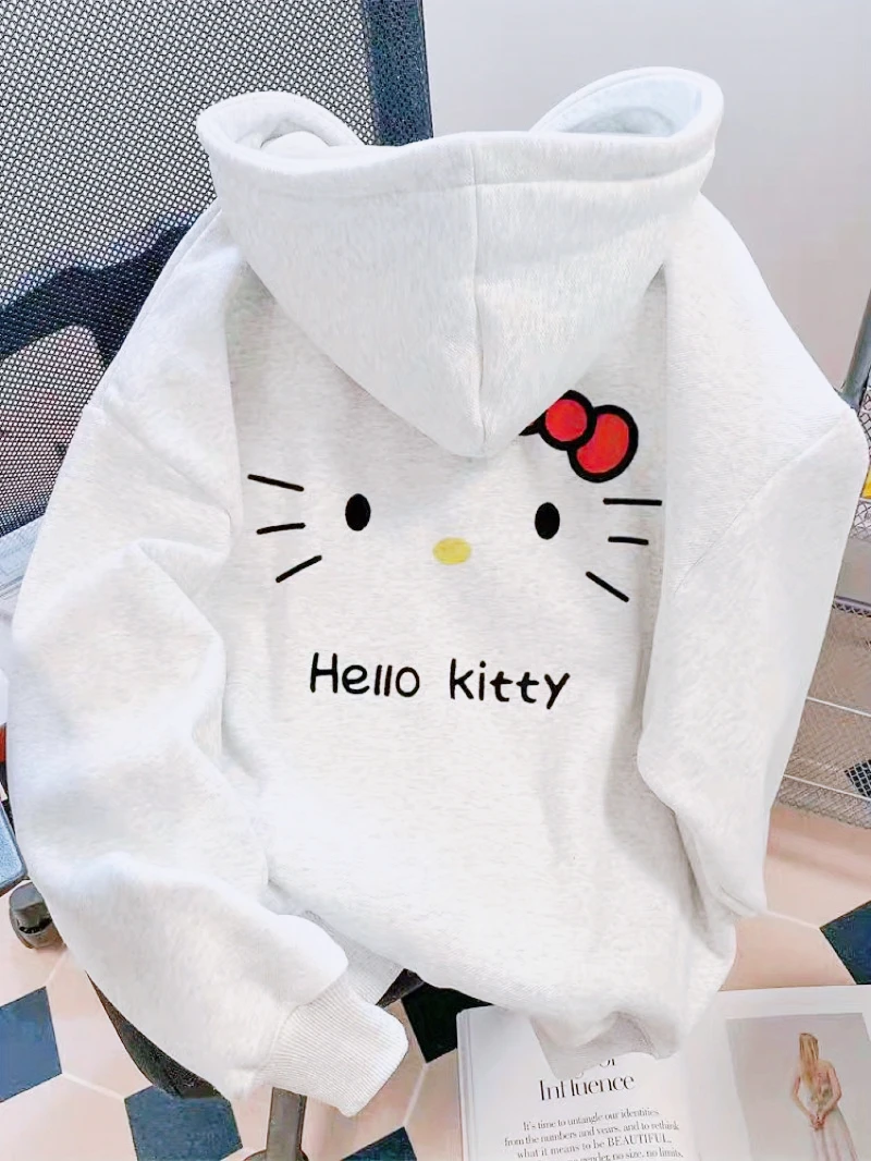 

Sanrio Women's Autumn/Winter Cartoon Hello Kitty Print Two-Stripe Contrast Color Long Sleeve Hooded Sweatshirt