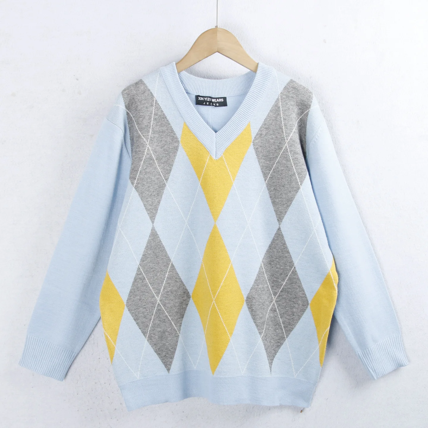 Women's V-Ne Knitted Sweater Diamond Pattern Autumn Winter plus Size Color Blo Slimming Lazy Versatile Elastic Knitwear