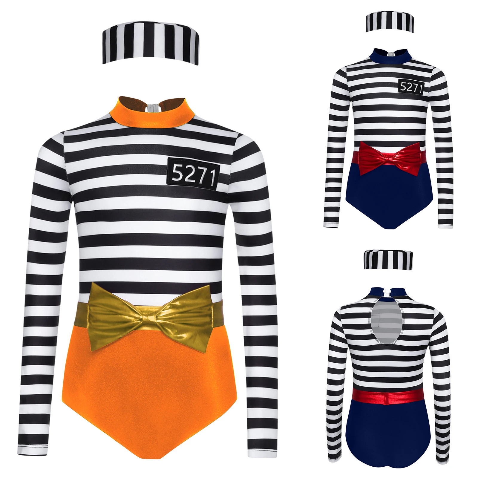 

Детский карнавальный костюм заключенного для девочек, трико в полоску на Хэллоуин, комбинезон с длинными рукавами, поясом с бантом и кепкой, карнавальное платье