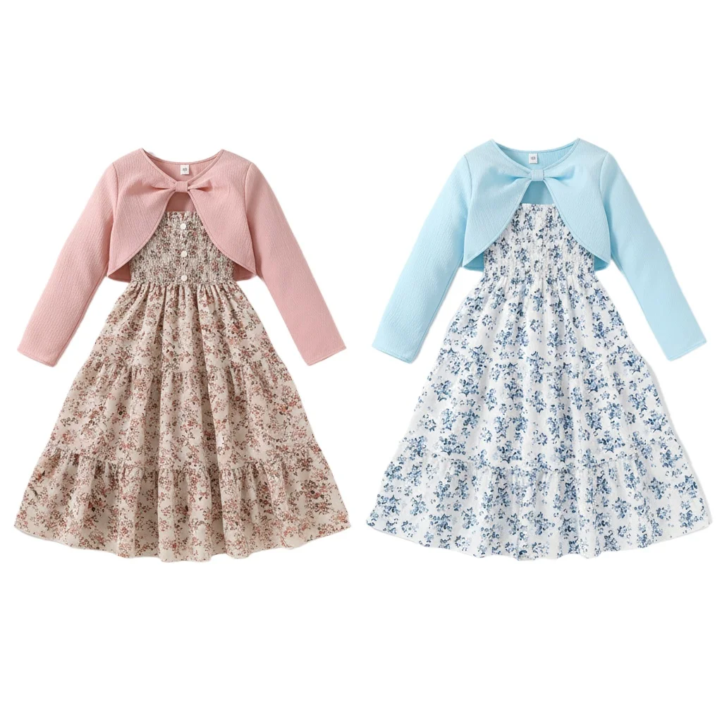Teen Girl Dress Suit Girls 2 Piece Outfit Set Floral Cami Dress and Long Sleeve Cropped Cardigan Spring Summer Fall Kids Clothes