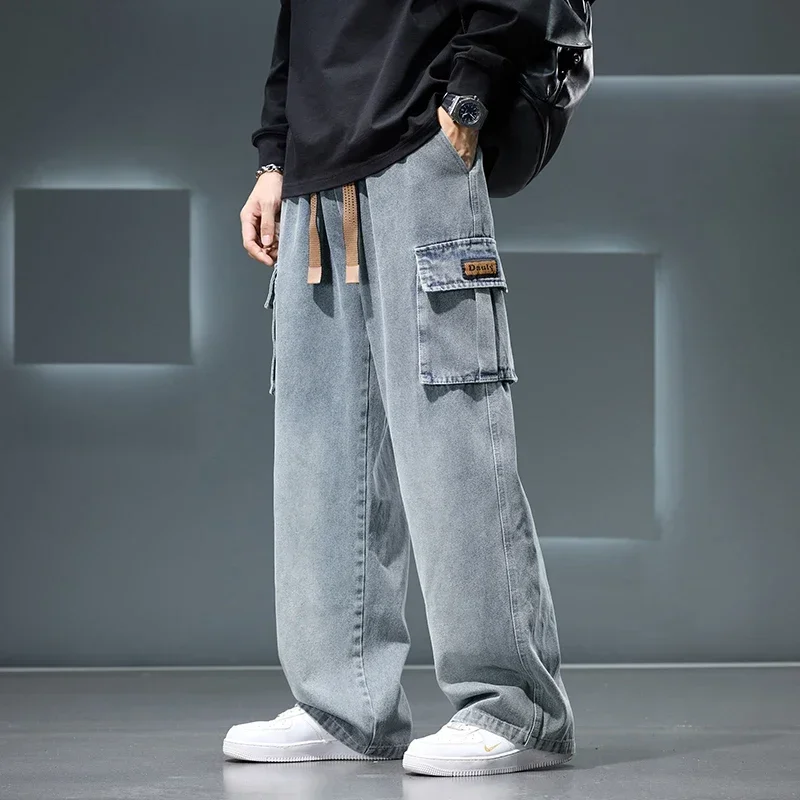 Autumn New Wide Leg Washing Jean Pants Men Trousers Neutral Solid Color Loose Casual Fashion Pocket Cargo Pants Size 8xl
