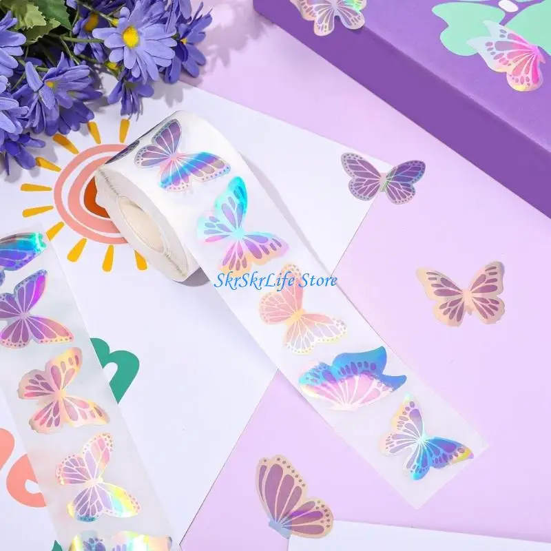 E65E 500 Pcs Butterfly Sticker Glittering Waterproof Adhesive PVC Sticker for Scrapbooking Gift Wrapping Envelope Sealing
