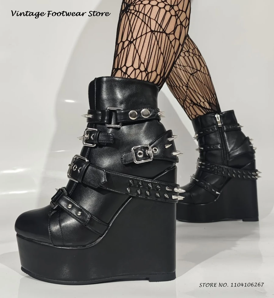 

Rivet Belt Buckle Platform Ankle Boots 2025 Punk Stree Style Height Increasing Shoes Spring Autumn Y2K Round Toe Wedges Booties