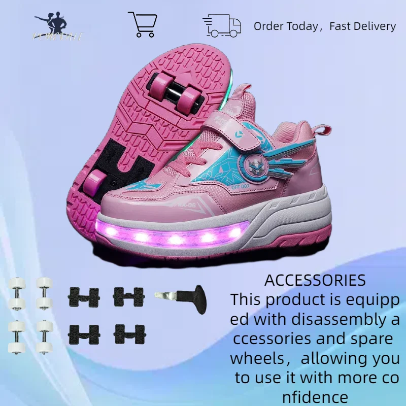 Fashionable Outdoor Boys Detachable Skates 4-Wheel Adjustable Roller Skates Light Up Boys Girls Casual Wheeled Sneakers