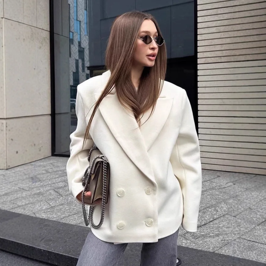 

Elegant White Autumn Womne's Woolen Coat Lapel Collar Double-Breasted Loose Fit Blazer For Female Office Formal Lady Outerwear