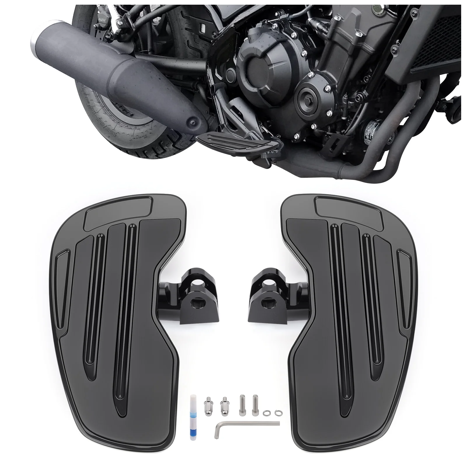 

Motorcycle Black Anti-Slip Footpegs 360 Degrees Front Floorboards Wide and Comfortable for Honda Rebel CMX 300 500 2017-2025