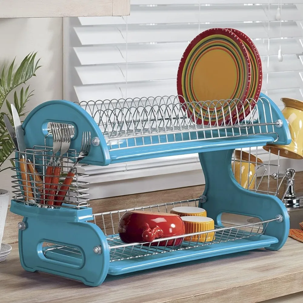 Retro 2-Tier Dish Rack, Space-Saving Design, Durable Plastic and Chrome-Plated Wire, Easy Assembly