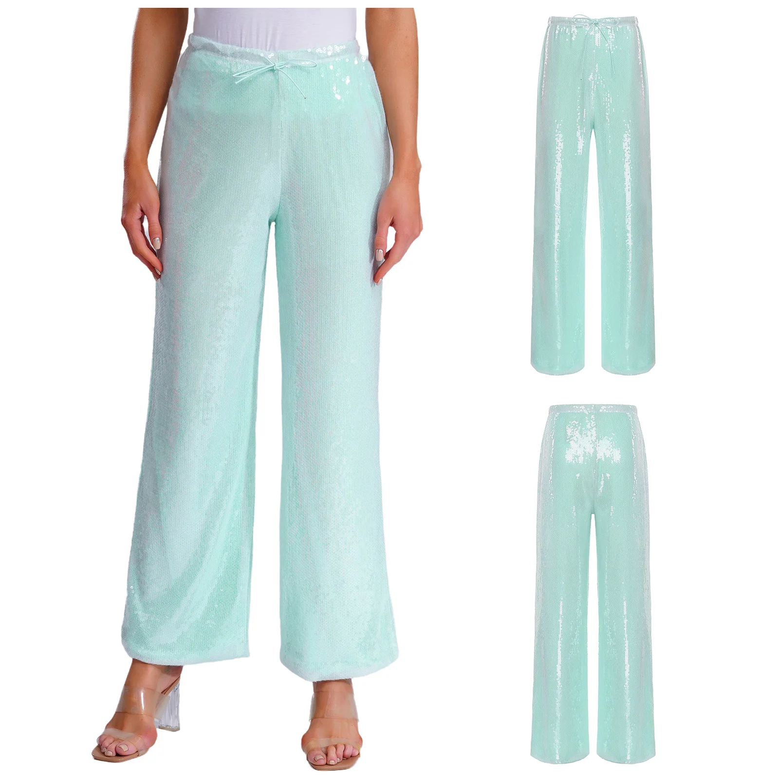 

Sequins Trouser for Woman Pants Dance Fahsion Women's Streetwear Clubwear Shiny Elastic Waistband Long Pants Club Disco Outfits