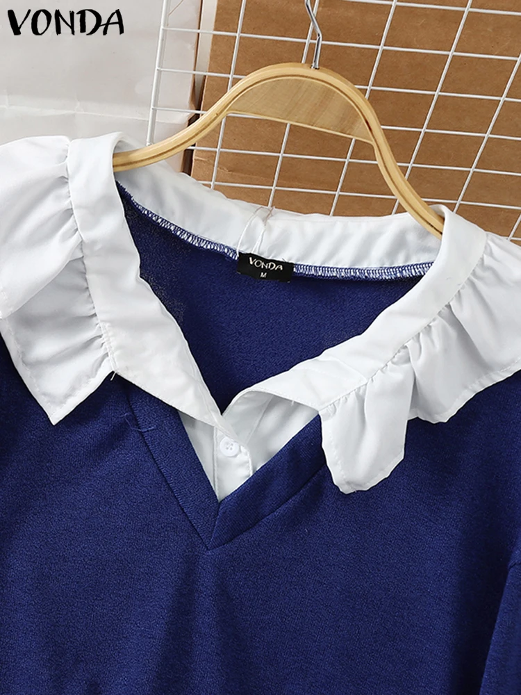 

2025 Autumn Blouse Women Casual Patchwork Pullover Lantern Long Sleeve Blusas Fashion Button Lapel Collar Top VONDA