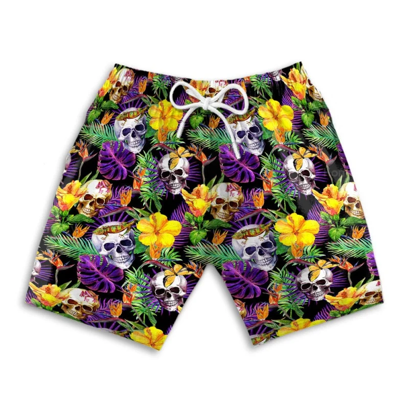 

Мужские шорты с 3D-принтом в готическом стиле, с тропическим принтом в виде черепов, летние пляжные шорты, свободные, с эластичным поясом, спортивные плавки для плавания.