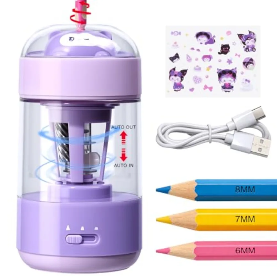 

Перезаряжаемая автоматическая электрическая точилка для карандашей с автоматической подачей и вытягиванием, 3 регулируемых размера заточки, зарядка Type-C, милые DIY-наклейки, для 6 карандашей