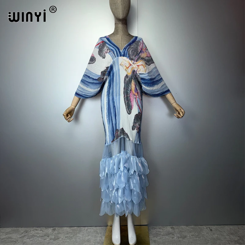WINYI Slim Fit Pleated Elastic Dress Beach Cover up Kaftan Abaya for Muslim Women Dubai Luxury Party Fashion Evening Gown