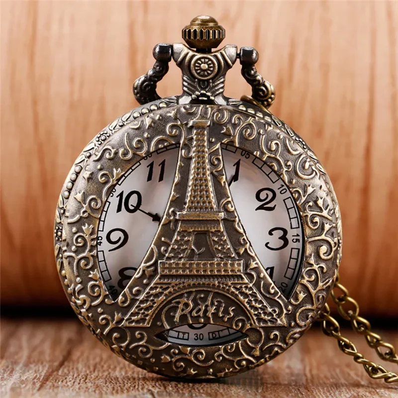 

Antique Hollow Out Eiffel Tower Unisex Quartz Pocket Watch Sweater Chain Souvenir Collection Clock Gift for Men Women Souvenir