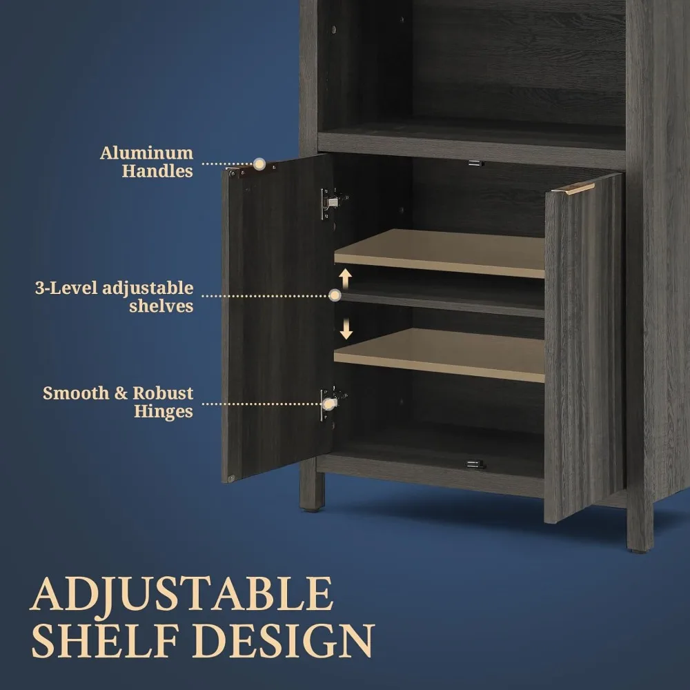 رف كتب طويل مع خزانة أبواب بعمق 15.4 بوصة، رف كتب من 5 طبقات، خزائن كتب MDF من خشب البلوط مقاس 1.4 بوصة مع أرضية تخزين #3