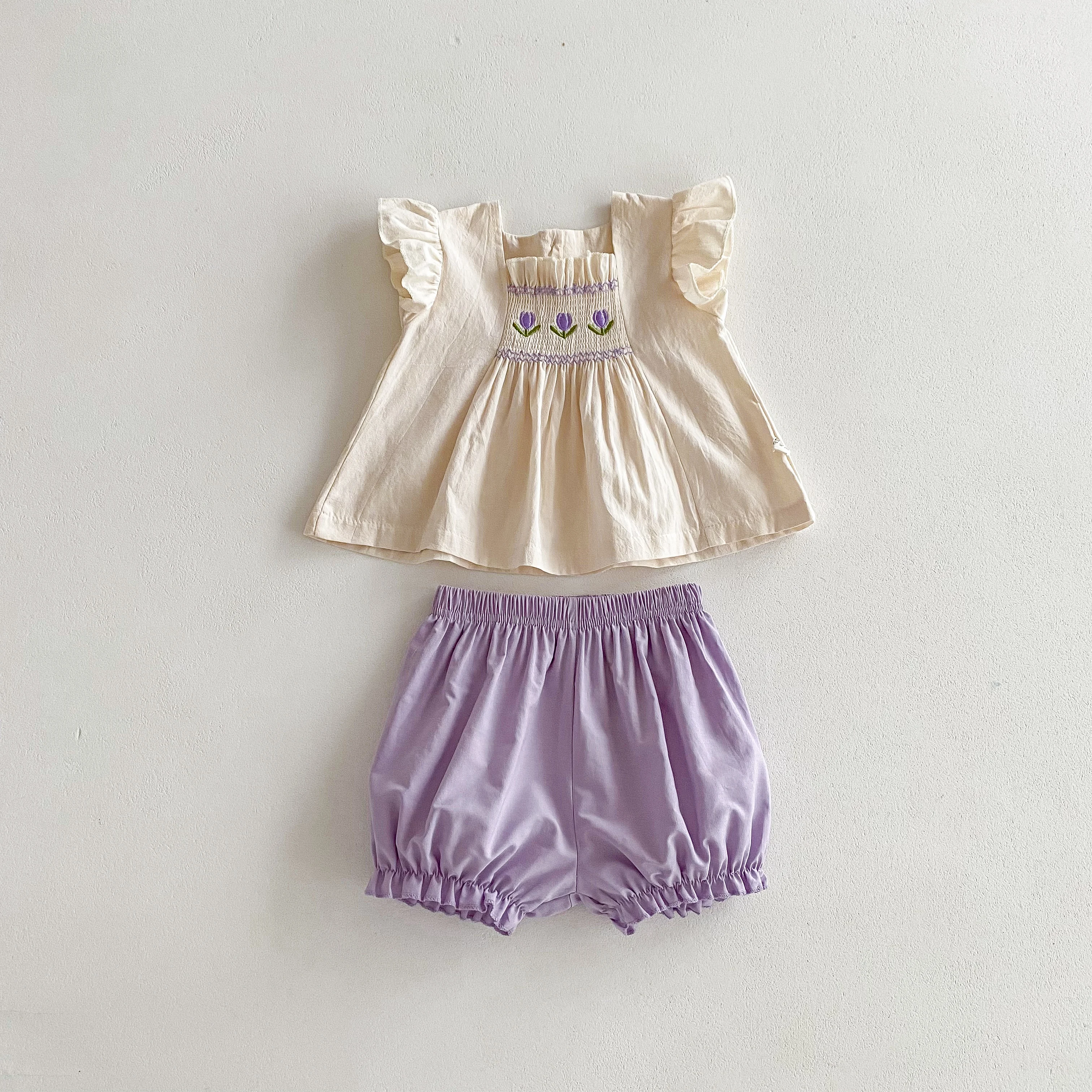 Spring Baby Girls Suit  Korean  Purple Flower Embroidered  Sleeveless Top + Purple Shorts 2pcs Baby Clothes 0-3 Years Old